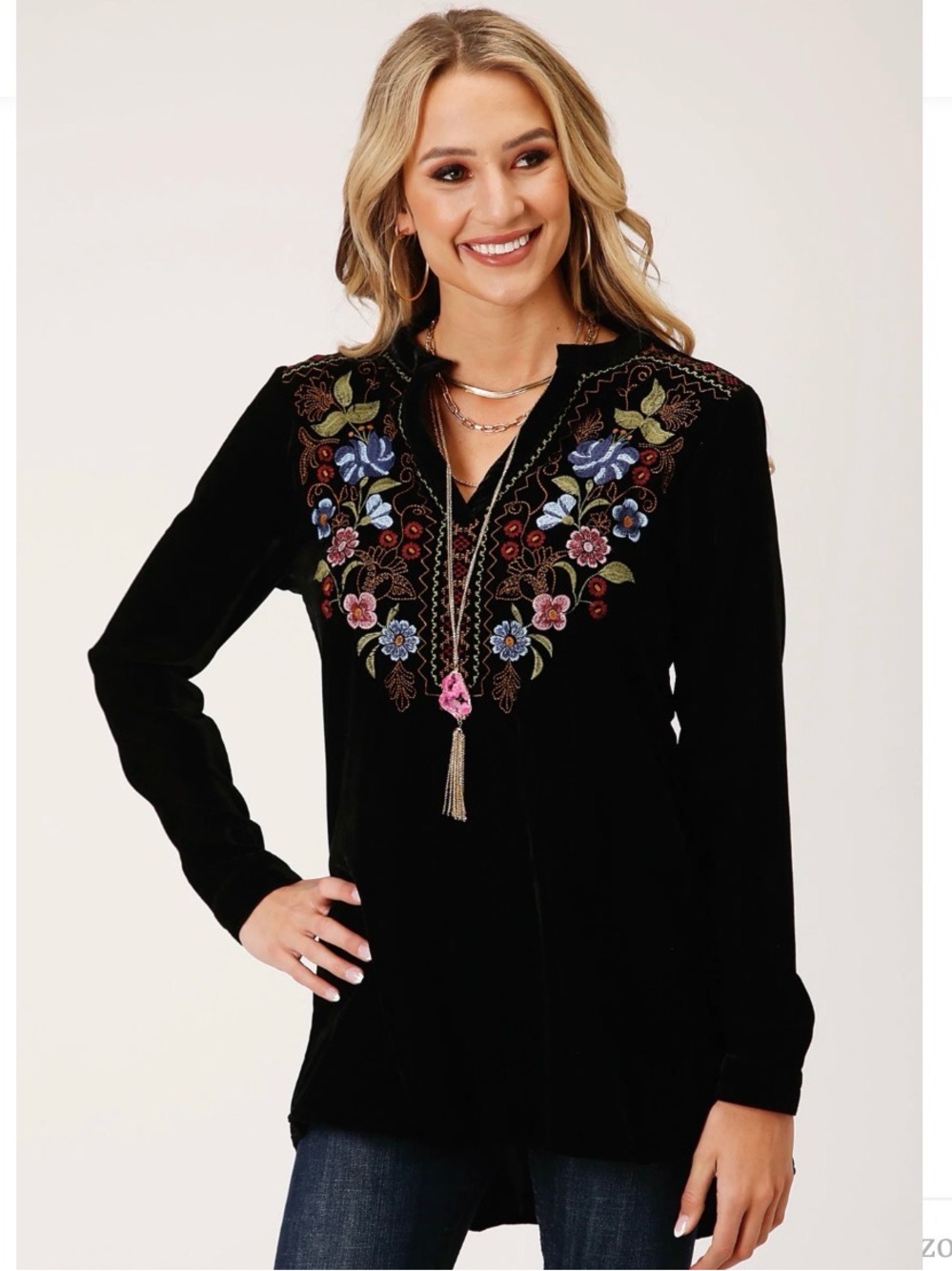 Black Embroidered velvet V-Neck Tunic Top - Floral Detail Size M